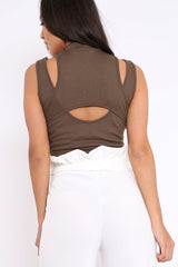 Khaki High Neck Cut Out Ribbed Crop Top - Jessica-Crop Tops