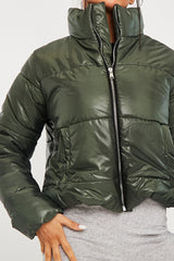 Khaki High Neck Puffer Coat - Docie-Coats