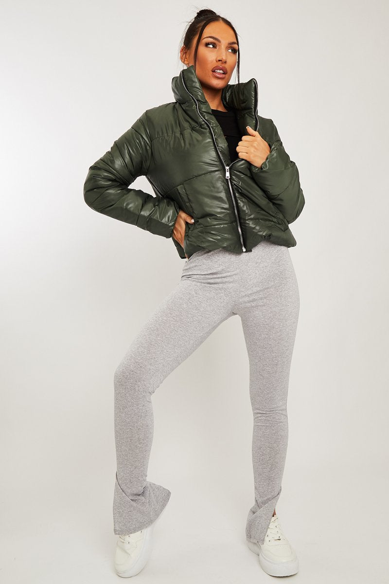 Khaki High Neck Puffer Coat - Docie-Coats