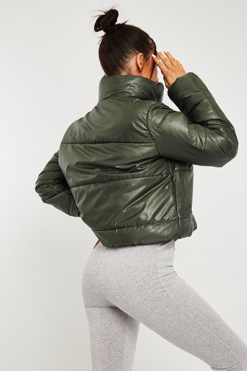 Khaki High Neck Puffer Coat - Docie-Coats