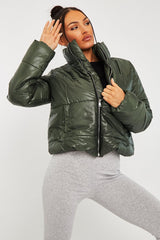 Khaki High Neck Puffer Coat - Docie-Coats