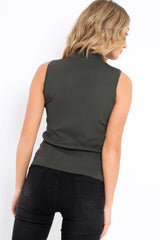 Khaki High Neck Ribbed Top - Cicely-Tops