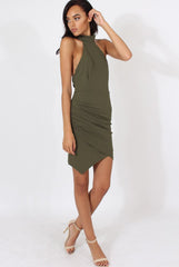 Khaki High Neck Side Ruched Backless Dress - Tulip-Dresses