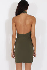 Khaki High Neck Side Ruched Backless Dress - Tulip-Dresses