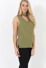 Khaki High Neck V Front Top - Nina-Tops