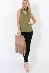 Khaki High Neck V Front Top - Nina-Tops