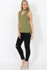 Khaki High Neck V Front Top - Nina-Tops