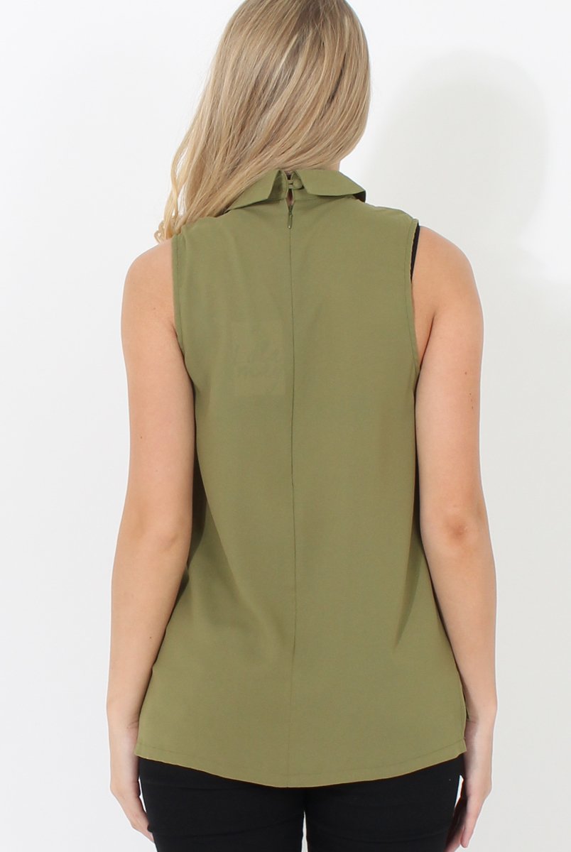 Khaki High Neck V Front Top - Nina-Tops
