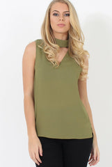 Khaki High Neck V Front Top - Nina-Tops