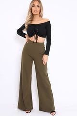 Khaki High Waist Flare Trousers -Tisha-Trousers