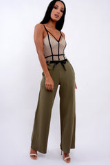 Khaki High Waist Flare Trousers with Black Sash Belt - Lila-Trousers