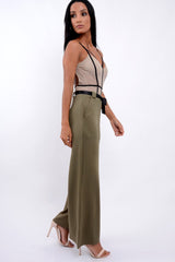 Khaki High Waist Flare Trousers with Black Sash Belt - Lila-Trousers