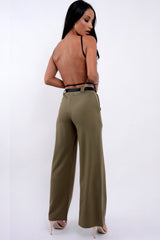 Khaki High Waist Flare Trousers with Black Sash Belt - Lila-Trousers