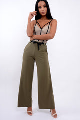 Khaki High Waist Flare Trousers with Black Sash Belt - Lila-Trousers