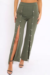 Khaki High Waist Flare Trousers with Popper detail -Tamy-Trousers