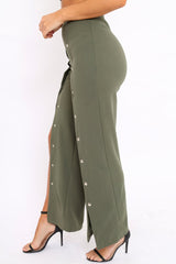 Khaki High Waist Flare Trousers with Popper detail -Tamy-Trousers