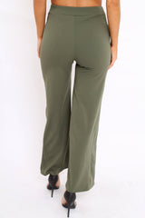 Khaki High Waist Flare Trousers with Popper detail -Tamy-Trousers