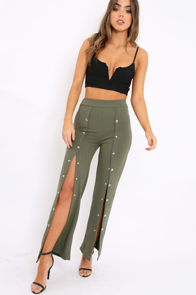 Khaki High Waist Flare Trousers with Popper detail -Tamy-Trousers