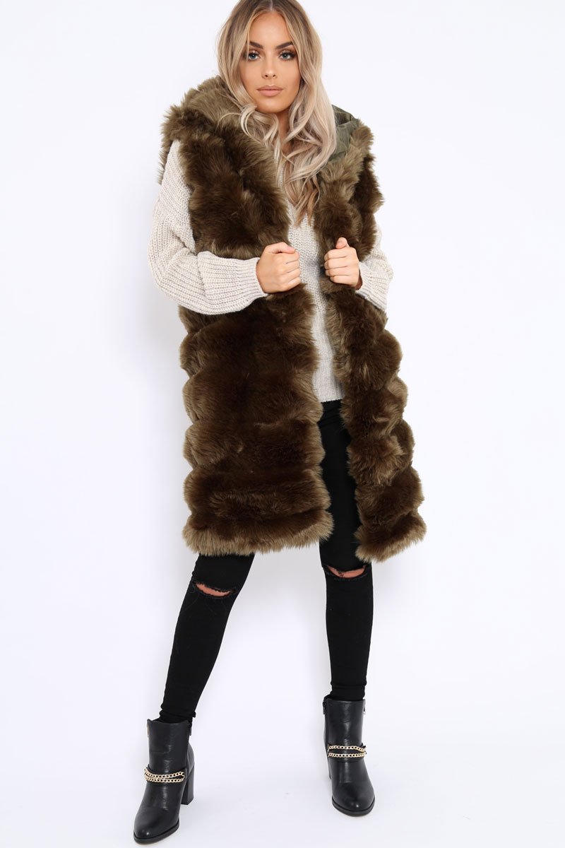 Khaki Hooded Faux Fur Gilet - Jadie-Jackets
