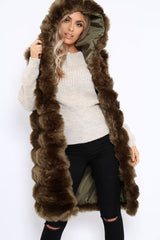 Khaki Hooded Faux Fur Gilet - Jadie-Jackets