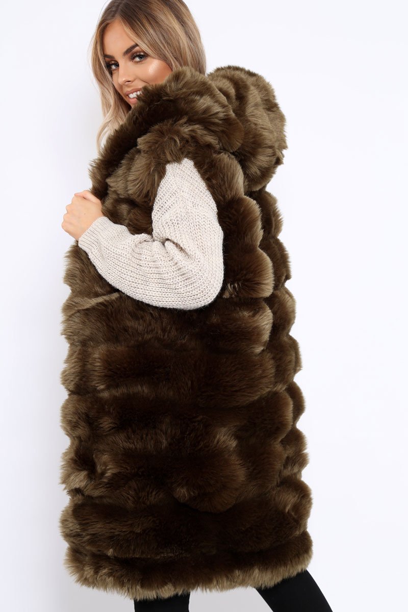 Khaki Hooded Faux Fur Gilet - Jadie-Jackets