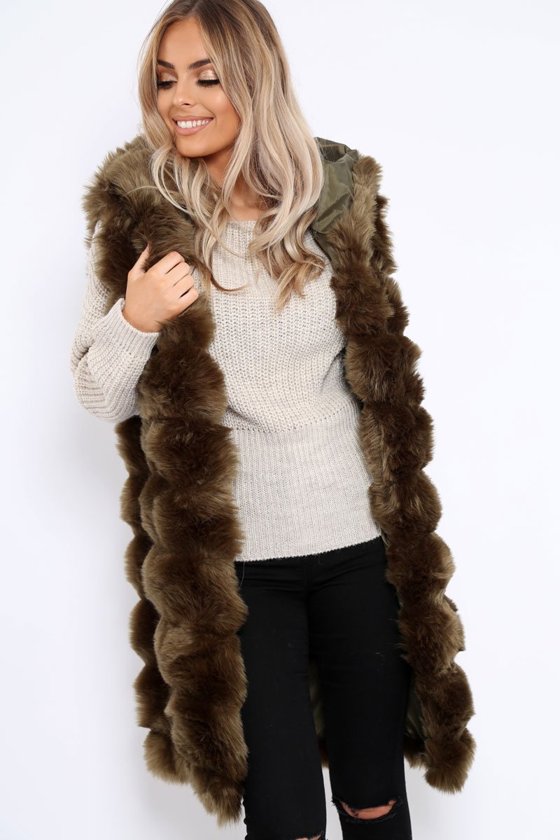 Khaki Hooded Faux Fur Gilet - Jadie-Jackets