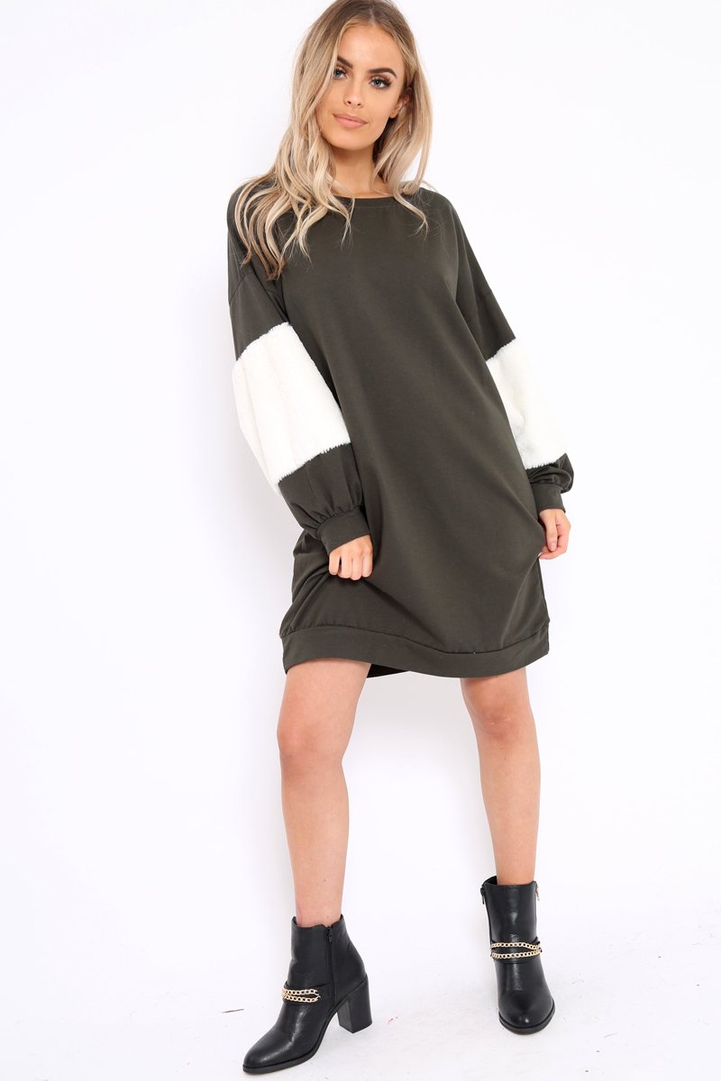 Khaki Jumper Dress with Fur Sleeves - Paris-Dresses