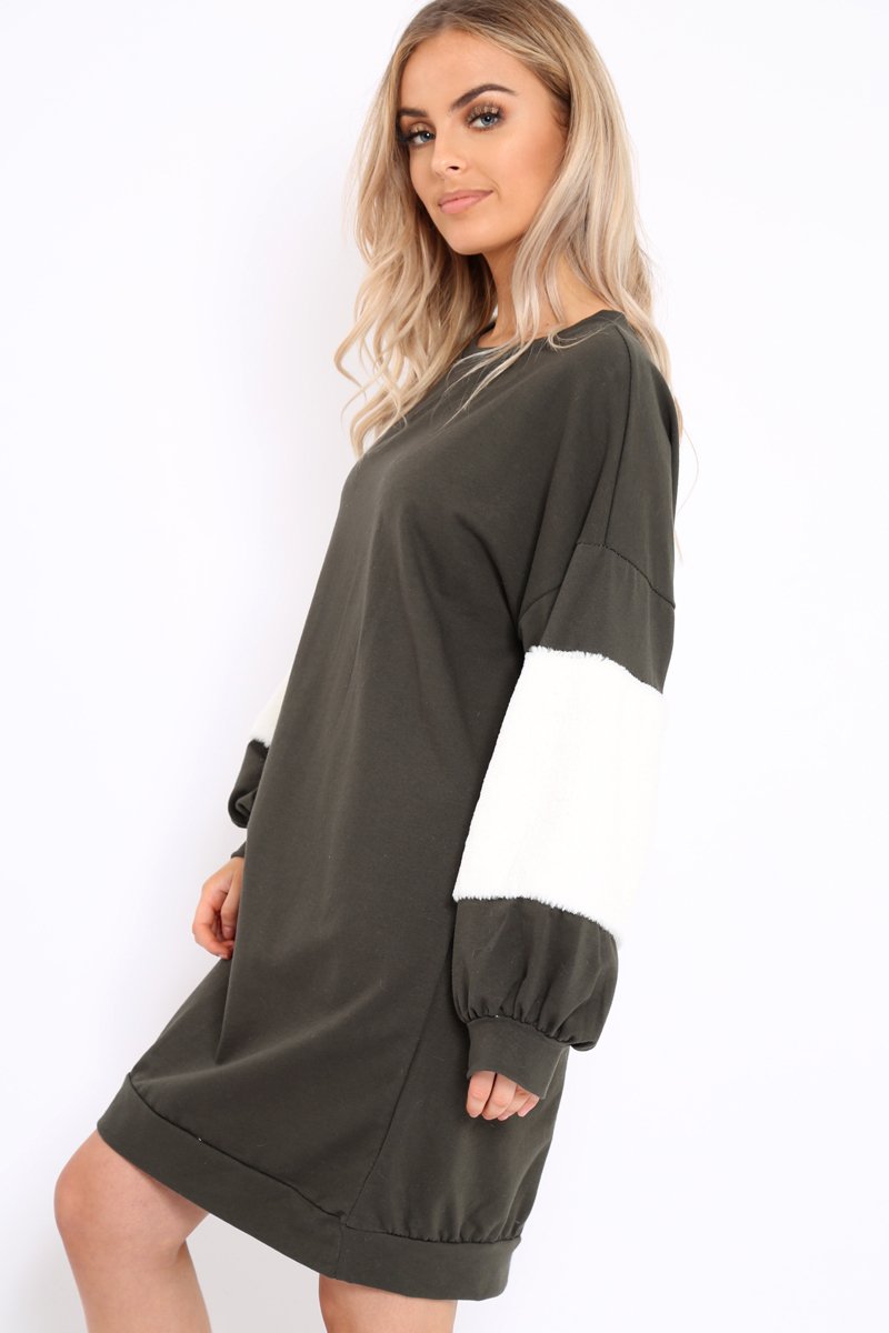 Khaki Jumper Dress with Fur Sleeves - Paris-Dresses