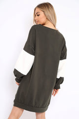 Khaki Jumper Dress with Fur Sleeves - Paris-Dresses