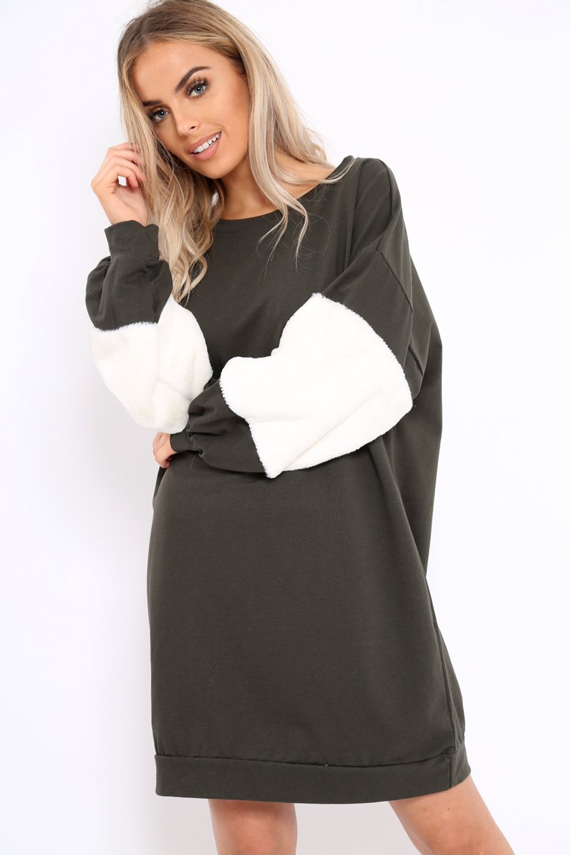 Khaki Jumper Dress with Fur Sleeves - Paris-Dresses