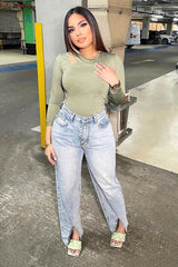 Khaki Keyhole Cut Out Slinky Bodysuit - Elidia-Bodysuits