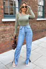 Khaki Keyhole Cut Out Slinky Bodysuit - Elidia-Bodysuits