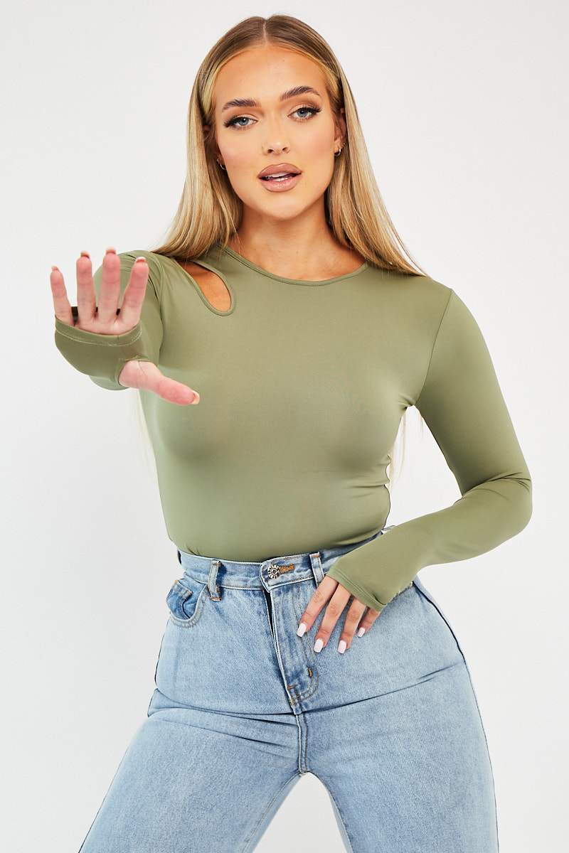 Khaki Keyhole Cut Out Slinky Bodysuit - Elidia-Bodysuits