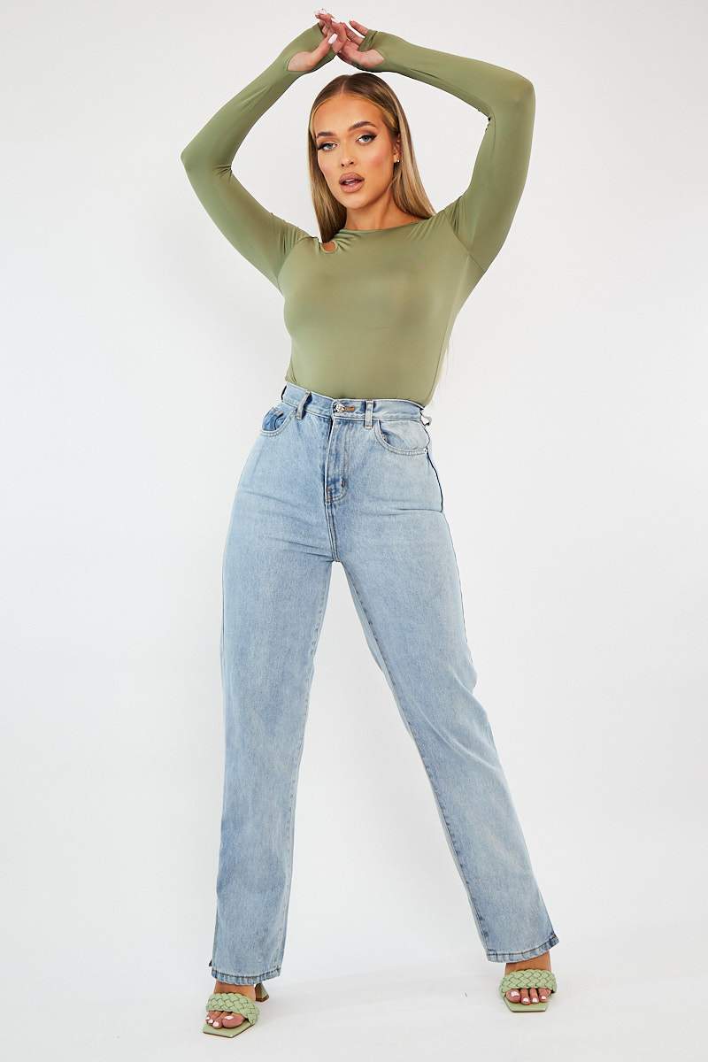 Khaki Keyhole Cut Out Slinky Bodysuit - Elidia-Bodysuits