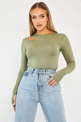 Khaki Keyhole Cut Out Slinky Bodysuit - Elidia-Bodysuits