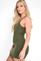 Khaki Knit Button Front Cami Dress - Devora-Dresses