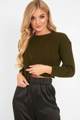 Khaki Knit Detail Crop Jumper - Kiana-Crop Jumper