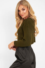 Khaki Knit Detail Crop Jumper - Kiana-Crop Jumper
