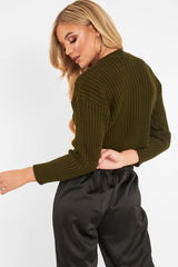 Khaki Knit Detail Crop Jumper - Kiana-Crop Jumper