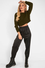 Khaki Knit Detail Crop Jumper - Kiana-Crop Jumper