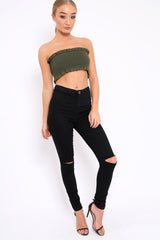 Khaki Knit Frill Bandeau Crop Top - Poppy-Crop Tops