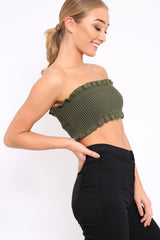 Khaki Knit Frill Bandeau Crop Top - Poppy-Crop Tops