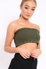 Khaki Knit Frill Bandeau Crop Top - Poppy-Crop Tops