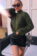 Khaki Knit High Neck Jumper - Jaelynn-Jumper