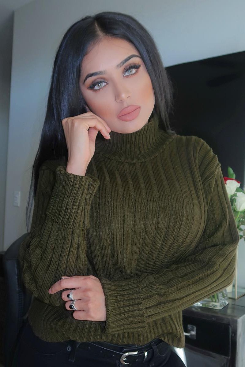 Khaki Knit High Neck Jumper - Jaelynn-Jumper