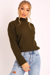 Khaki Knit High Neck Jumper - Jaelynn-Jumper