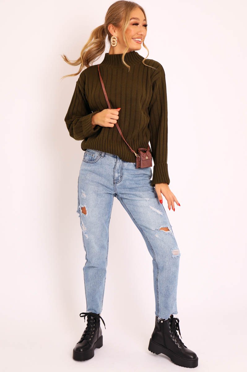 Khaki Knit High Neck Jumper - Jaelynn-Jumper