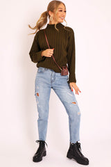 Khaki Knit High Neck Jumper - Jaelynn-Jumper