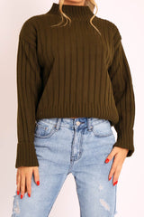 Khaki Knit High Neck Jumper - Jaelynn-Jumper