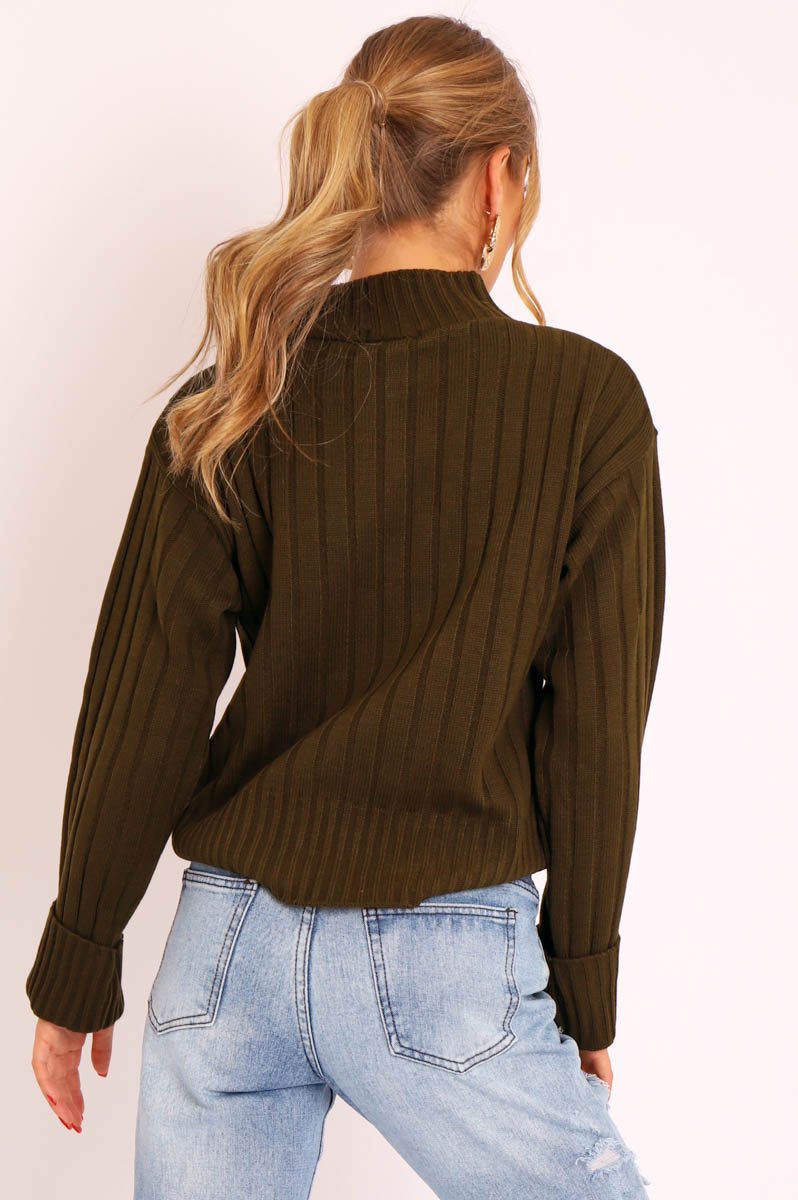 Khaki Knit High Neck Jumper - Jaelynn-Jumper